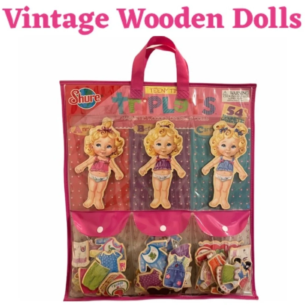 Vintage Wooden Doll Dress Up Set Magnetic Hard Wood Paper Dolls Outfits Tote Bag